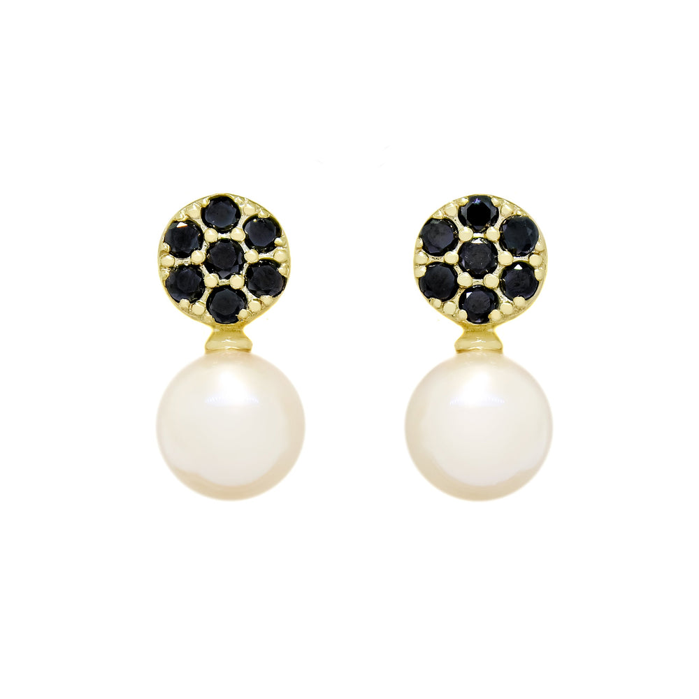 This product image features a pair of solid 9 karat yellow gold pearl and black diamond earrings. The design consists of 5 black diamonds and one white pearl for each earring, with the 5 black diamonds arranged in a floral-like design above each pearl - set in a golden frame
