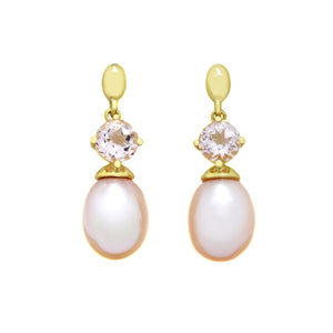 This product image features a pair of solid yellow gold gemstone and pearl earrings with a unique design. The main components are two pale pink round-cut morganite jewels, each one set above a single, rosaline pink drop pearl, beautifully matching in colour.