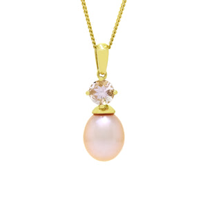 This product image is a close-up of a beautiful solid 9 karat yellow gold pearl and gemstone pendant design suspended by a gold chain. The pendant primarily features a round-cut pale pink morganite stone in the centre, set with delicate gold claws above a single rosaline pink drop-shaped pearl, beautifully matching in colour. A thin gold chain connects to the pendant.