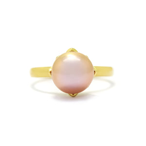 This product image shows a 10mm rounded rosaline pearl solitaire ring set in solid 9 karat yellow gold. The pearl is held in place by a floral-type setting extending outwards from the band like petals are pearl.