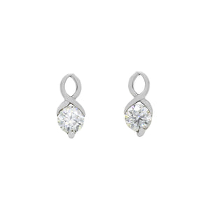 A product photo of a pair of petite moissanite earrings set in solid 925 sterling silver on a white background. The 3mm moissanite centre stones are a dazzling white, reflecting multi-coloured light from their many edges. They are each held in place by delicate silver detailing in a twisting design, with two wings reaching down to hold the stone in place on either side.