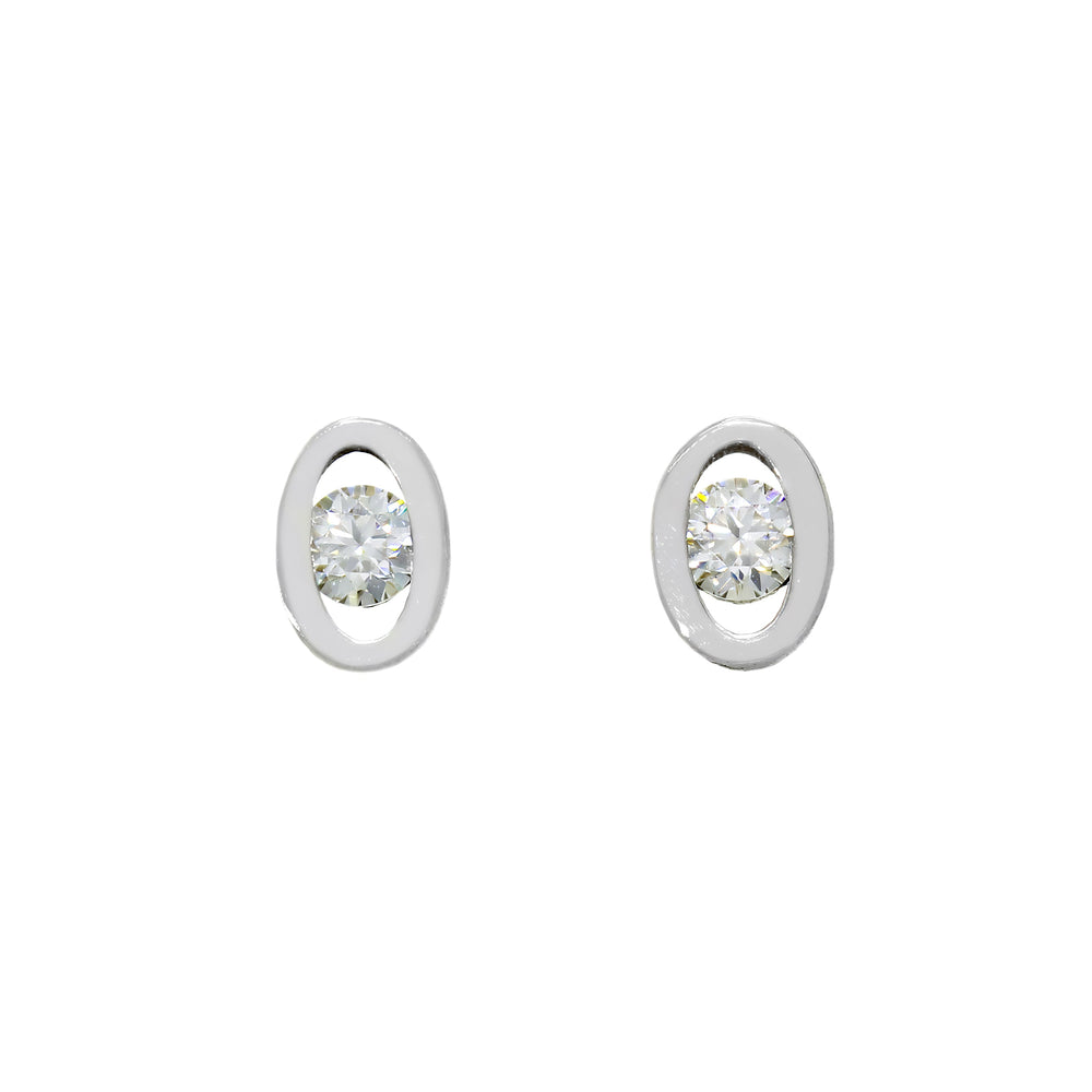 A product photo of a pair of petite moissanite earrings set in solid 925 sterling silver on a white background. The 3mm moissanite centre stones are a dazzling white, reflecting multi-coloured light from their many edges. The round stones are held in place by a larger oval frame of silver, giving each earring the appearance of an eye.