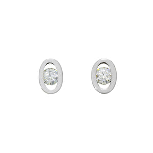 A product photo of a pair of petite moissanite earrings set in solid 925 sterling silver on a white background. The 3mm moissanite centre stones are a dazzling white, reflecting multi-coloured light from their many edges. The round stones are held in place by a larger oval frame of silver, giving each earring the appearance of an eye.