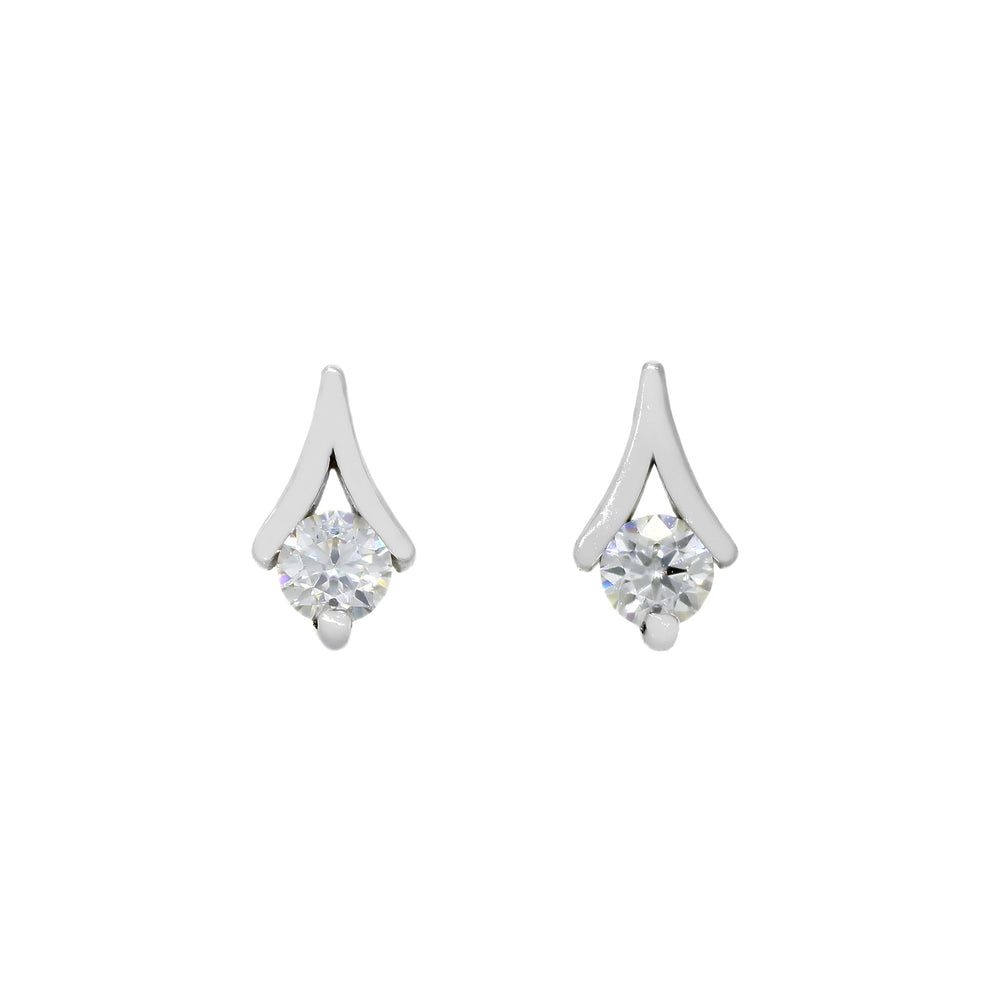 A product photo of a pair of petite moissanite earrings set in solid 925 sterling silver on a white background. The 3mm moissanite centre stones are a dazzling white, reflecting multi-coloured light from their many edges. Their are each held in place by a single silver claw at the base, and an upside-down silver "V" shape connected to the earring prong.