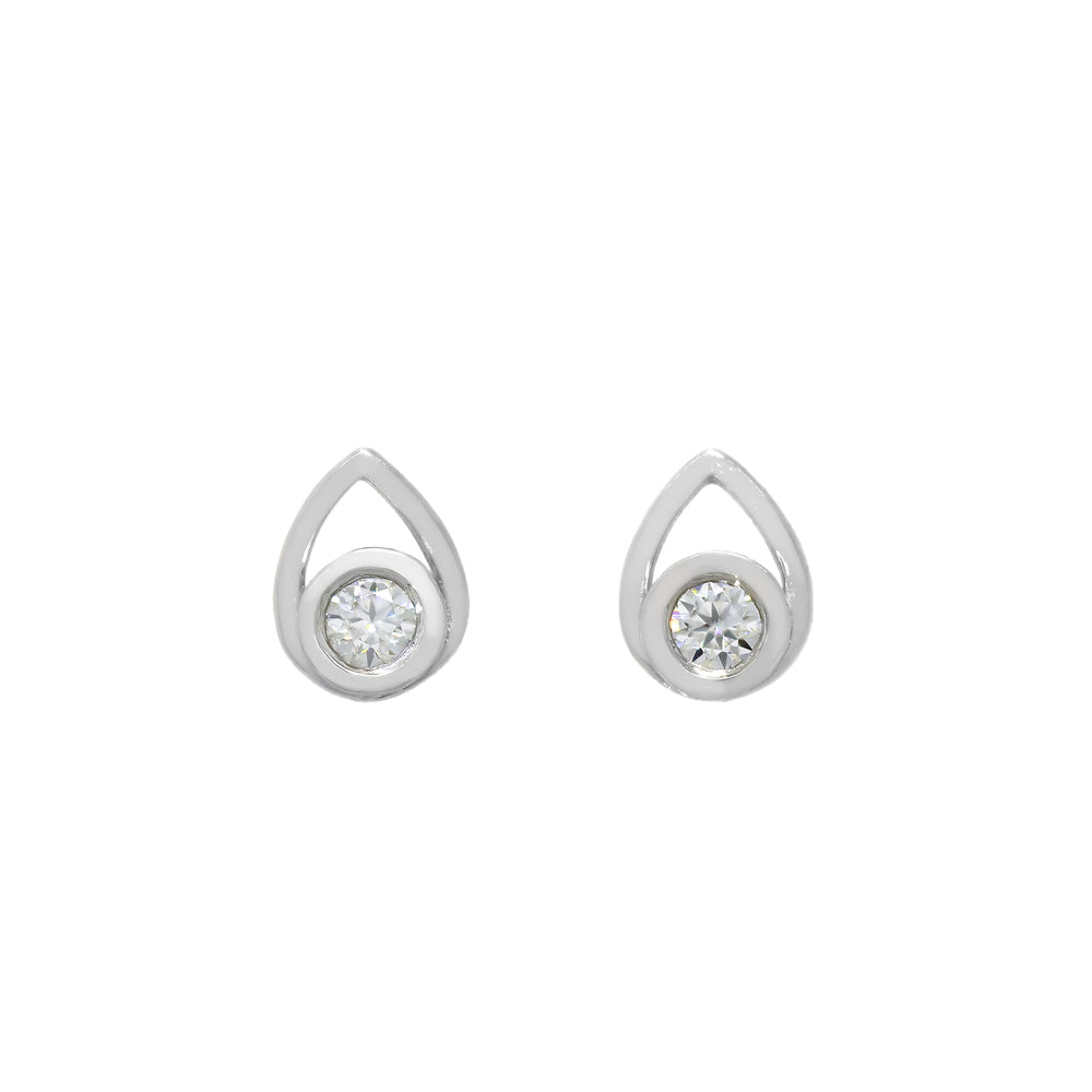 A product photo of a pair of moissanite earrings in solid 925 sterling silver sitting on a clear white background. The earrings are in the shape of a small teardrop, with a petite, silver-encased moissanite gem nestled at the base of each one. The silver teardrop shape is smooth and unblemished.