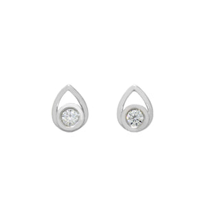 
            
                Load image into Gallery viewer, A product photo of a pair of moissanite earrings in solid 925 sterling silver sitting on a clear white background. The earrings are in the shape of a small teardrop, with a petite, silver-encased moissanite gem nestled at the base of each one. The silver teardrop shape is smooth and unblemished.
            
        
