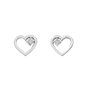 A product photo of two solid 925 sterling silver heart-shaped stud earrings sitting on a white background. A delicate, 2.5mm round moissanite gemstone is nestled in the top right corner of each heart-shaped frame.