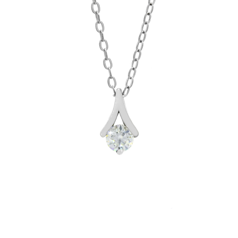 A product photo of a petite moissanite pendant set in solid 925 sterling silver suspended by a chain on a white background. The 3.5mm moissanite centre stone is a dazzling white, reflecting multi-coloured light from its many edges. It is held in place by a single silver claw at its base, and an upside-down silver "V" shape connected to the chain.