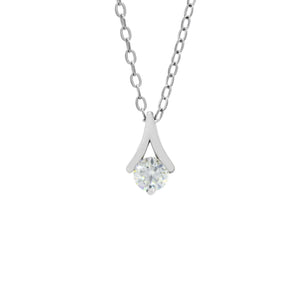 
            
                Load image into Gallery viewer, A product photo of a petite moissanite pendant set in solid 925 sterling silver suspended by a chain on a white background. The 3.5mm moissanite centre stone is a dazzling white, reflecting multi-coloured light from its many edges. It is held in place by a single silver claw at its base, and an upside-down silver &amp;quot;V&amp;quot; shape connected to the chain.
            
        