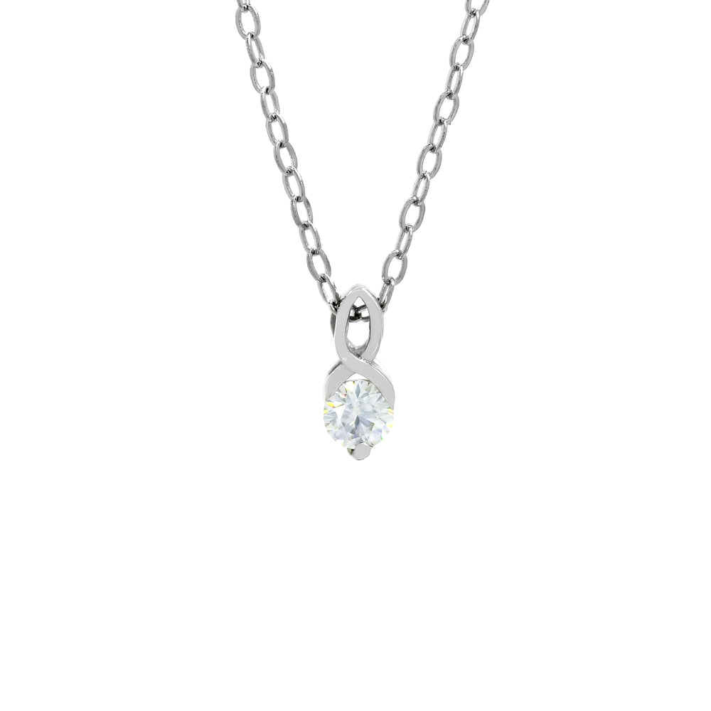 A product photo of a petite moissanite pendant set in solid 925 sterling silver suspended by a chain on a white background. The 3.5mm moissanite centre stone is a dazzling white, reflecting multi-coloured light from its many edges. It is held in place by delicate silver detailing in a twisting design, with two wings reaching down to hold the stone in place.
