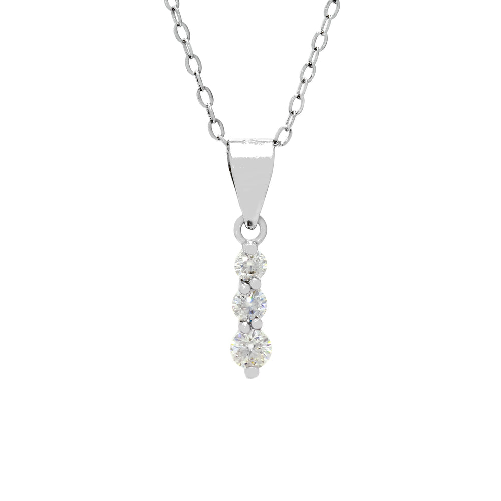 A product photo of a silver moissanite pendant made up of 3 stones stacked vertically, descending from smallest to largest. The pendant is suspended by a silver chain against a white background.
