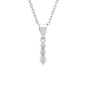 A product photo of a silver moissanite pendant made up of 3 stones stacked vertically, descending from smallest to largest. The pendant is suspended by a silver chain against a white background.