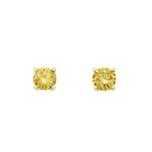 
            
                Load image into Gallery viewer, A product photo of two 9ct yellow gold stud earrings sitting on a white background. Held in place by 4 golden claws each are two dazzling 5mm round-cut yellow moissanite stones, reflecting brilliant rainbow colours hues from their many edges.
            
        