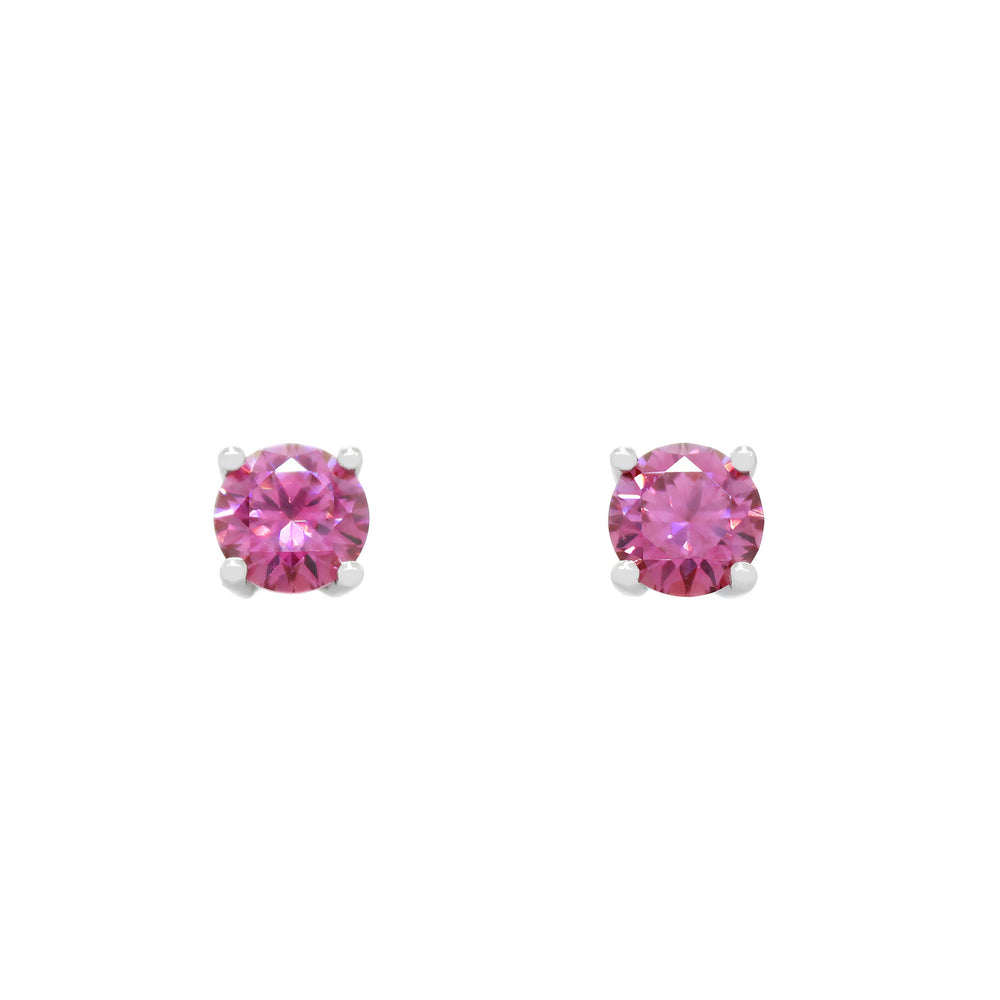 A product photo of two 9ct white gold stud earrings sitting on a white background. Held in place by 4 golden claws each are two dazzling 5mm round-cut pink moissanite stones, reflecting brilliant rainbow colours hues from their many edges.