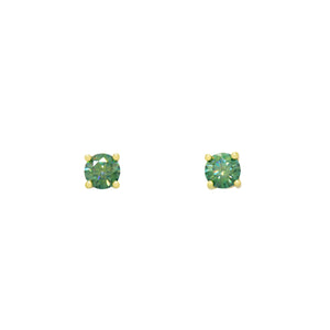 
            
                Load image into Gallery viewer, A product photo of two dainty 9ct yellow gold stud earrings sitting on a white background. Held in place by 4 golden claws each are two dazzling 3.5mm round-cut green moissanite stones, reflecting brilliant rainbow colours hues from their many edges.
            
        