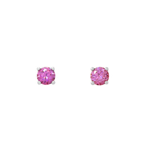 
            
                Load image into Gallery viewer, A product photo of two 9ct white gold stud earrings sitting on a white background. Held in place by 4 golden claws each are two dazzling 4mm round-cut pink moissanite stones, reflecting brilliant rainbow colours hues from their many edges.
            
        