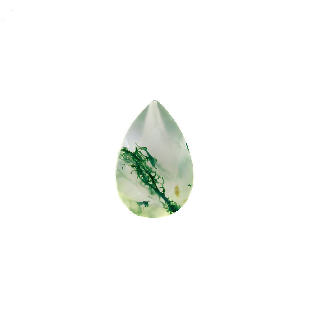 
            
                Load image into Gallery viewer, A product image of a loose 9x6mm faceted round-cut moss agate stone. The stone has a cool white milky colour, with deep, swirling green natural inclusions - appearing as moss-like structures or delicate inkspills within the stone. The faceted edges reflect bright white light.
            
        