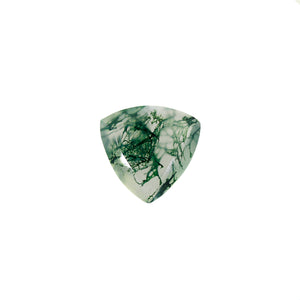 
            
                Load image into Gallery viewer, A product image of a loose 6mm trilliant faceted moss agate gemstone. The stone has a cool white milky colour, with deep, swirling green natural inclusions - appearing as moss-like structures or delicate inkspills within the stone. The faceted edges reflect bright white light.
            
        