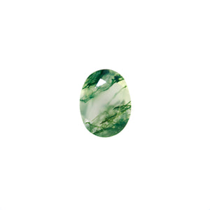 
            
                Load image into Gallery viewer, A product image of a loose 8x6mm faceted oval-cut moss agate stone. The stone has a cool white milky colour, with deep, swirling green natural inclusions - appearing as moss-like structures or delicate inkspills within the stone. The faceted edges reflect bright white light.
            
        