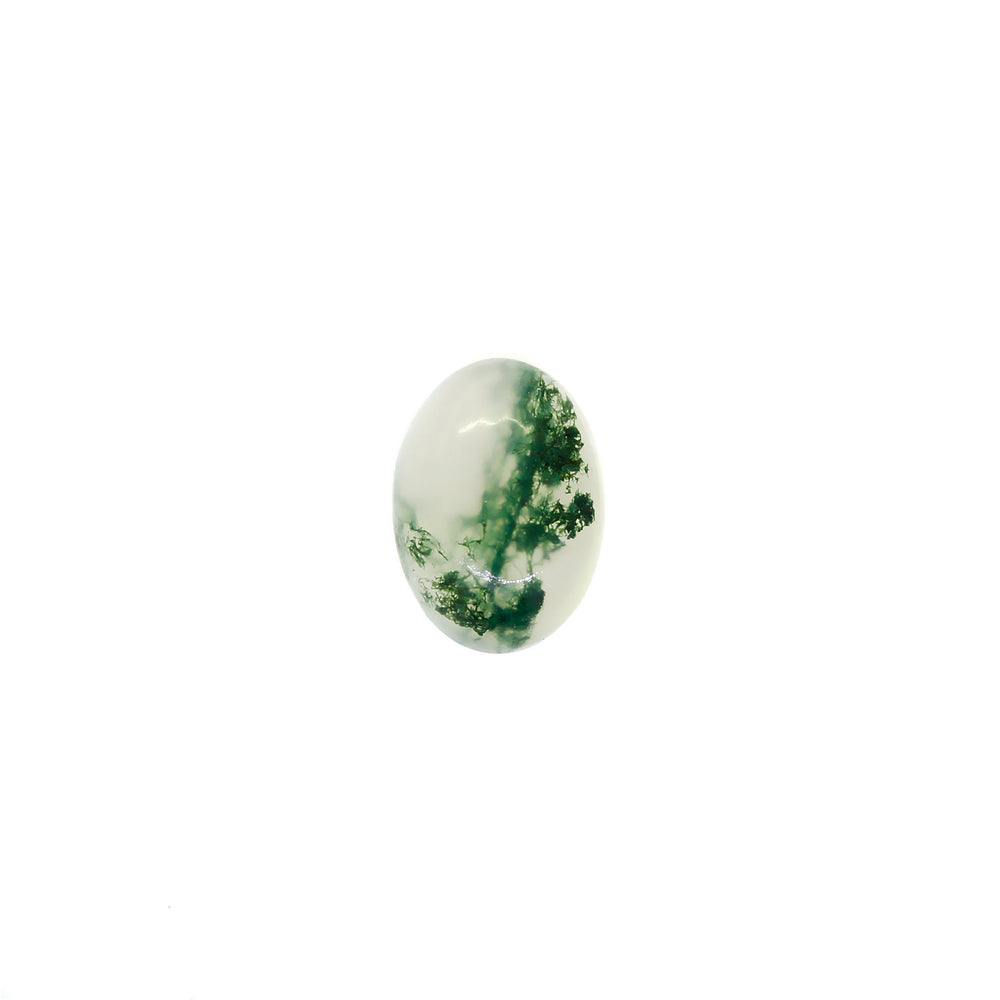A product image of a loose 7x5mm cabochon oval-cut moss agate stone. The stone has a cool white milky colour, with deep, swirling green natural inclusions - appearing as moss-like structures or delicate inkspills within the stone. The faceted edges reflect bright white light.