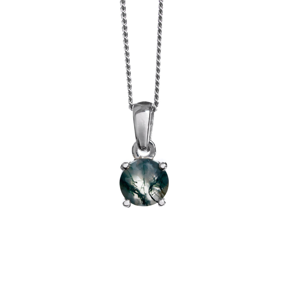 A product photo of a 6mm round moss agate pendant in 9k white gold suspended against a white background. The stone is held in place by 4 delicate golden claws, with light semi-opaque base colouring and swirling, inky tendrils of deep green inclusions.