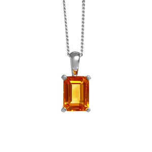 A product photo of a 8x6mm Rectangular citrine pendant in silver suspended against a white background. The large and deeply-coloured stone is contrasted by its overall minimalistic design, 4 simple silver claws holding the orange gem in place. It is suspended by a simple silver chain.