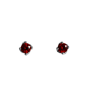 
            
                Load image into Gallery viewer, A product photo of 3mm Round garnet silver stud earrings sitting on a plain white background. The stones are held in place by 4 delicate silver claws arranged in a flower-like pattern where they meet the stud.
            
        