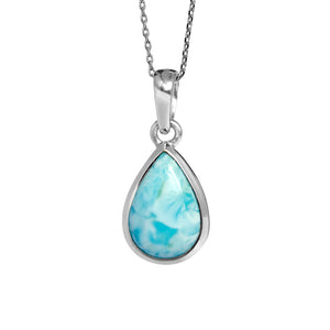 A product photo of a silver Larimar necklace suspended over a white background. The pendant features a 14x9mm pear-shaped cabochon Larimar stone in a silver bezel setting. The gemstone has dappled white and light blue patterning, similar to water reflections at the bottom of a pool