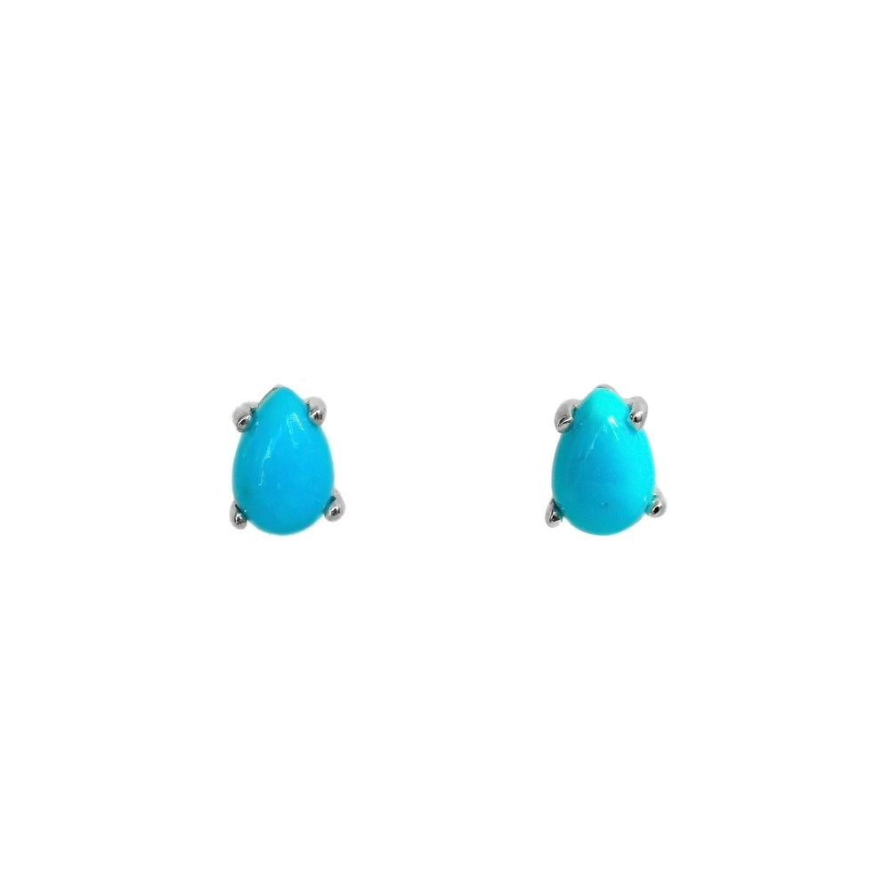 A product photo of 5x4mm pear-shaped turquoise stud earrings in silver sitting on a plain white background. The 2 turquoise stones measure 4mm across and are a bright blue colour, held in place by 4 silver claws.