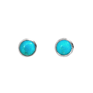 
            
                Load image into Gallery viewer, A product photo of a pair of silver Larimar gemstone stud earrings sitting against a white background. The 8mm round gemstones have dappled white and light blue patterning, similar to water reflections at the bottom of a pool, and are secured in place in bezel settings.
            
        