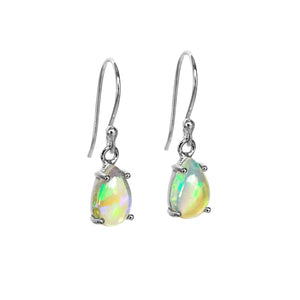 A product photo of a pair of sterling silver rainbow opal drop earrings suspended against a white background. The drop earrings feature shepherd hooks, and the 9x7mm pear-shaped cabochon opals are held in place by 4 delicate silver claws.
