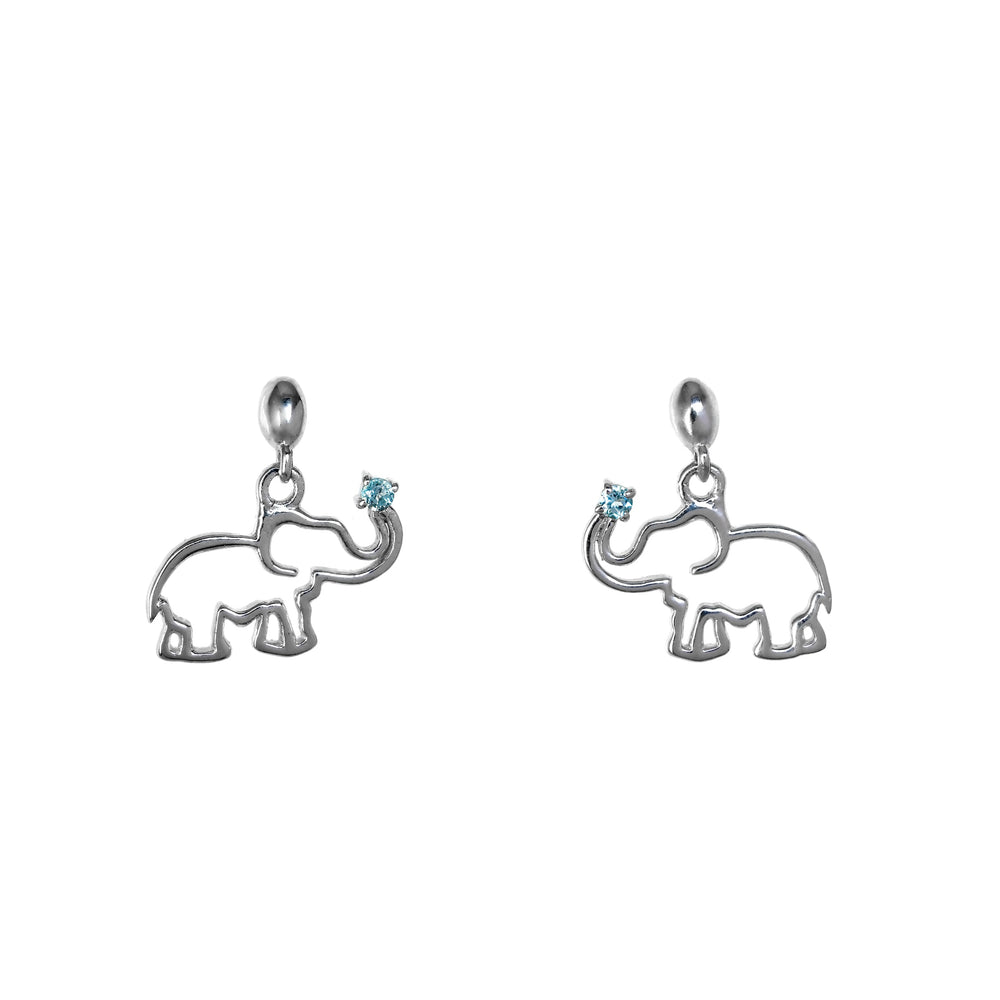 A product photo of a pair of silver earrings, both in the shape of an African elephant with an aquamarine stone at the end of each trunk. The earrings are suspended against a white background.