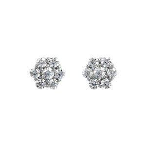 A product photo of a pair of moissanite stud earrings in 9k white gold sitting on a white background. Each earring consists of 6 little moissanite stones arranged around a single moissanite centre-stone in a floral-like pattern.