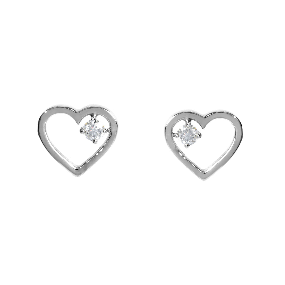 
            
                Load image into Gallery viewer, A product photo of two solid 9 karat white gold heart-shaped stud earrings sitting on a white background. A delicate, 2.5mm round moissanite gemstone is nestled in the top right corner of each heart-shaped frame.
            
        