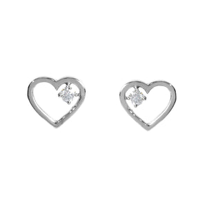 A product photo of two solid 9 karat white gold heart-shaped stud earrings sitting on a white background. A delicate, 2.5mm round moissanite gemstone is nestled in the top right corner of each heart-shaped frame.
