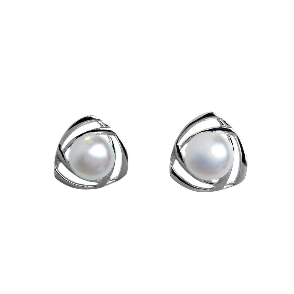 A product photo of a pair of 8mm white pearl earring studs with ornate, twisted 9 karat white gold backs on a white background.
