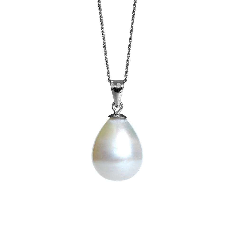 A product photo of a pearl pendant hanging by a white gold chain over a white background. The featured stone is a 13.9x11mm White Drop Pearl with a soft sheen.
