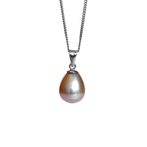 A product photo of a pearl pendant hanging by a white gold chain over a white background. The featured stone is a 11x9mm Rosaline Pearl with a soft pink sheen.