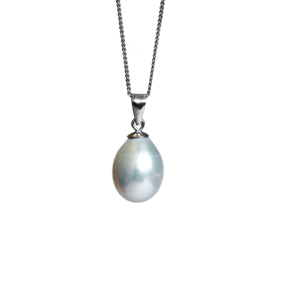 A product photo of a pearl pendant hanging by a white gold chain over a white background. The featured stone is a 12.5x9.5mm White Pearl with a soft blueish sheen.