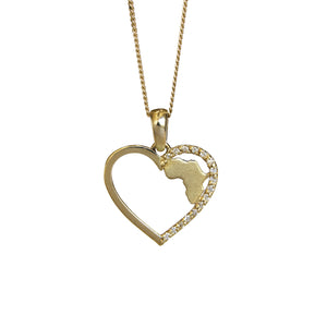 A product photo of a yellow gold diamond-embedded Africa pendant suspended against a white background by a golden chain. The design consists of a gold symbol of the African continent held in place by a delicate heart-shaped frame, with dazzling white diamonds embedding the one half of the frame.