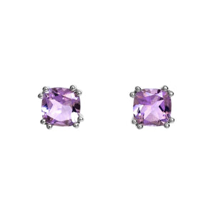 A product photo of a pair of solid 9 karat white gold pink amethyst earrings suspended over a white background. The pink amethyst jewels are 7x7mm cushion-cut stones with delicate lilac purple colouring.