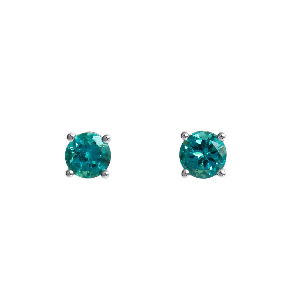 A product photo of two 9ct white gold stud earrings sitting on a white background. Held in place by 4 golden claws each are two dazzling 4.5mm round-cut green-blue tourmaline stones, reflecting brilliant hues from their many edges.
